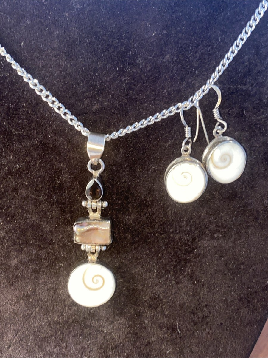 Set Of Shiva Eye Shell Mother Of Pearl And Gem Necklace  and Shiva Earrings