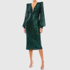 Mac Duggal Green Sequined Structured Bishop Sleeve Midi Dress 26866 Womens Sz 10