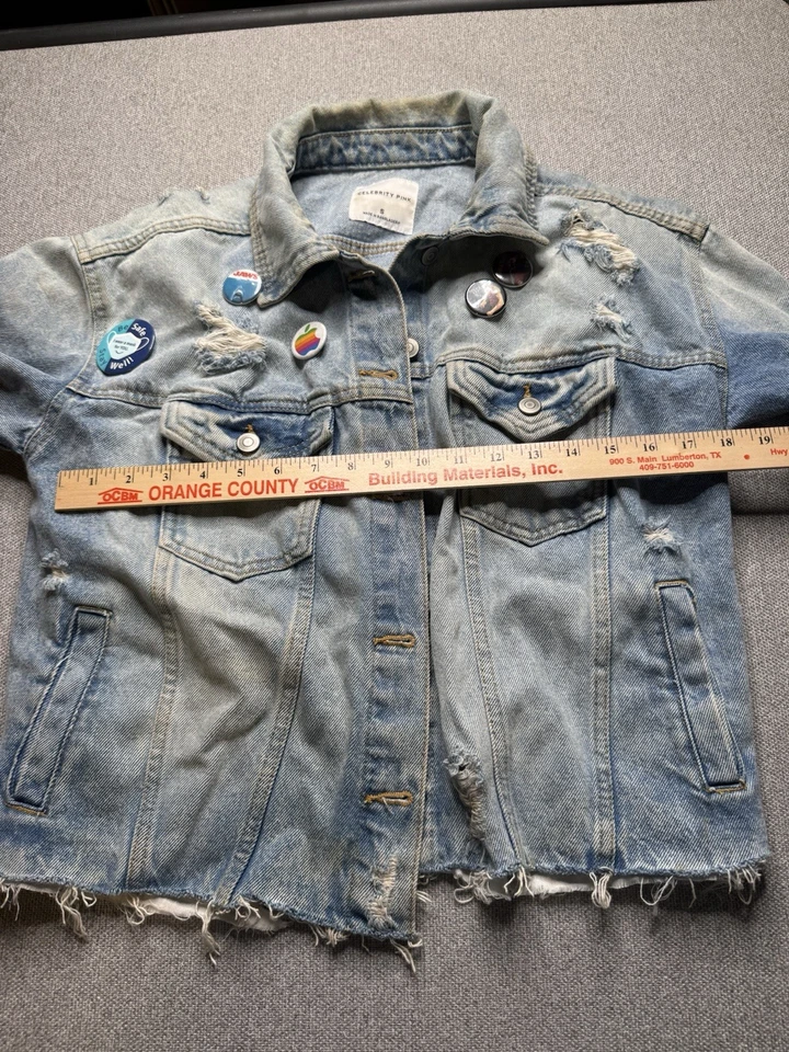 Celebrity Pink Women’s Small Distressed Denim Jean Jacket with Pins Grunge - Image 4 of 4
