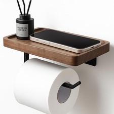 Rzoklot Toilet Paper Holder Walnut Wood Shelf Adhesive Or Wall Mounted Bathroom