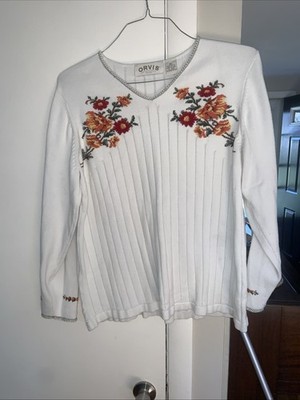 Orvis Off White Floral Print Sleeve Knit Sweater Xl  Linen Cotton Women s
