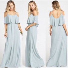 SHOW ME YOUR MUMU Caitlin Ruffle Silver Sage Dress Small Cold Shoulder Maxi