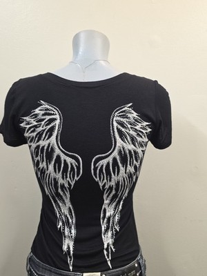 One Sexy Biker Chick Angel Graphic Rhinestone V-Neck Black Knit T-Shirt S
