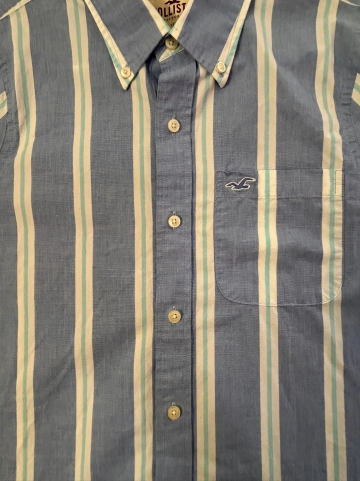 Camisa Hollister California Para Hombres Manga Larga Botón Azul, Blanco Rayas Talla XL Foto 3 de 4