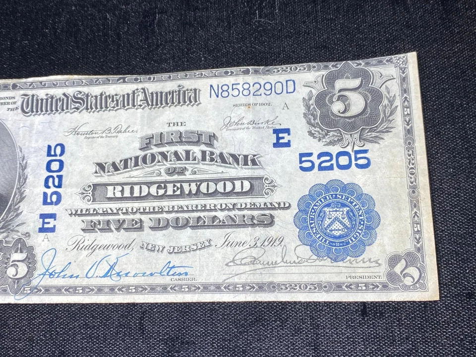1902 FIRST NATIONAL BANK RIDGEWOOD NEW JERSEY $5 NATIONAL BANKNOTE #N858290D - Image 2 of 4