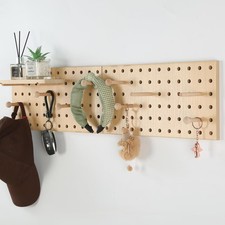Beige Wood Pegboard Modular Display Wall Organizer 2 PCS Panels Hooks Shelf