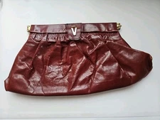 Vintage Maroon Leather Mario Valentino Hinged 1970s Clutch Purse