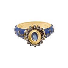 18k or Jaune Plaqué Bleu Vintage Saphir et Diamant Fleur Bague de Fiançailles