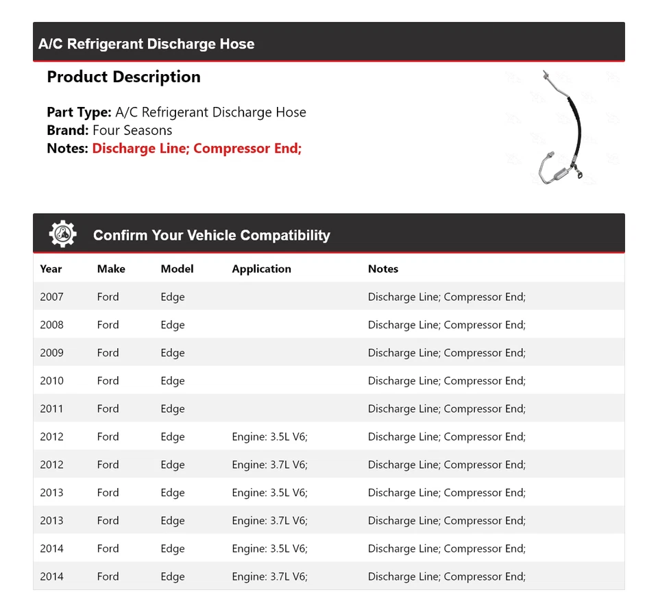 Manguera de descarga de refrigerante aire acondicionado Ford Edge 2007-2014 4 estaciones 2008 2009 2010 Foto 2 de 3