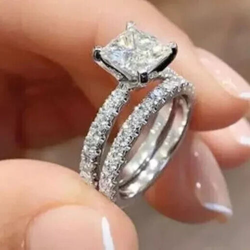 3.00CT Princess Cut Lab Grown Diamond Bridal Set Engagement Ring 14k White Gold