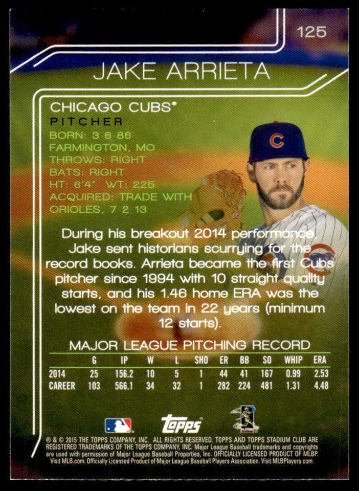 2015 Topps Stadium Club Jake Arrieta #125 Chicago Cubs - Image 2 of 2