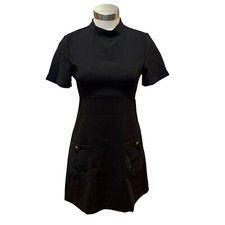 NWT Zara Dress Black Short Sleeve Gold Buttons Pockets Mock Neck Keyhole Sz. S
