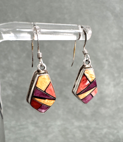 Vintage Tom Ronal Earrings Multi Spiny Oyster Inlay Earrings Sterling Navajo - Picture 4 of 11