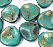 25 Czech Glass Large Rose Petals Beads - Persian Turqouise - Copper Picasso 14mm