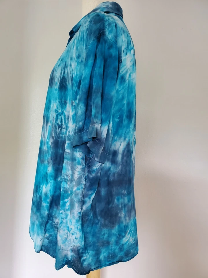 short sleeve designer resort SHIRT Blue gray white Purple tie dyed linen beach M - Image 4 of 4