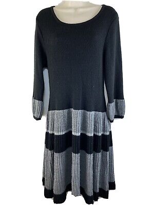 Lennie Nina Leonard Black Gray Striped Long Bell Sleeve Sweater Dress ...