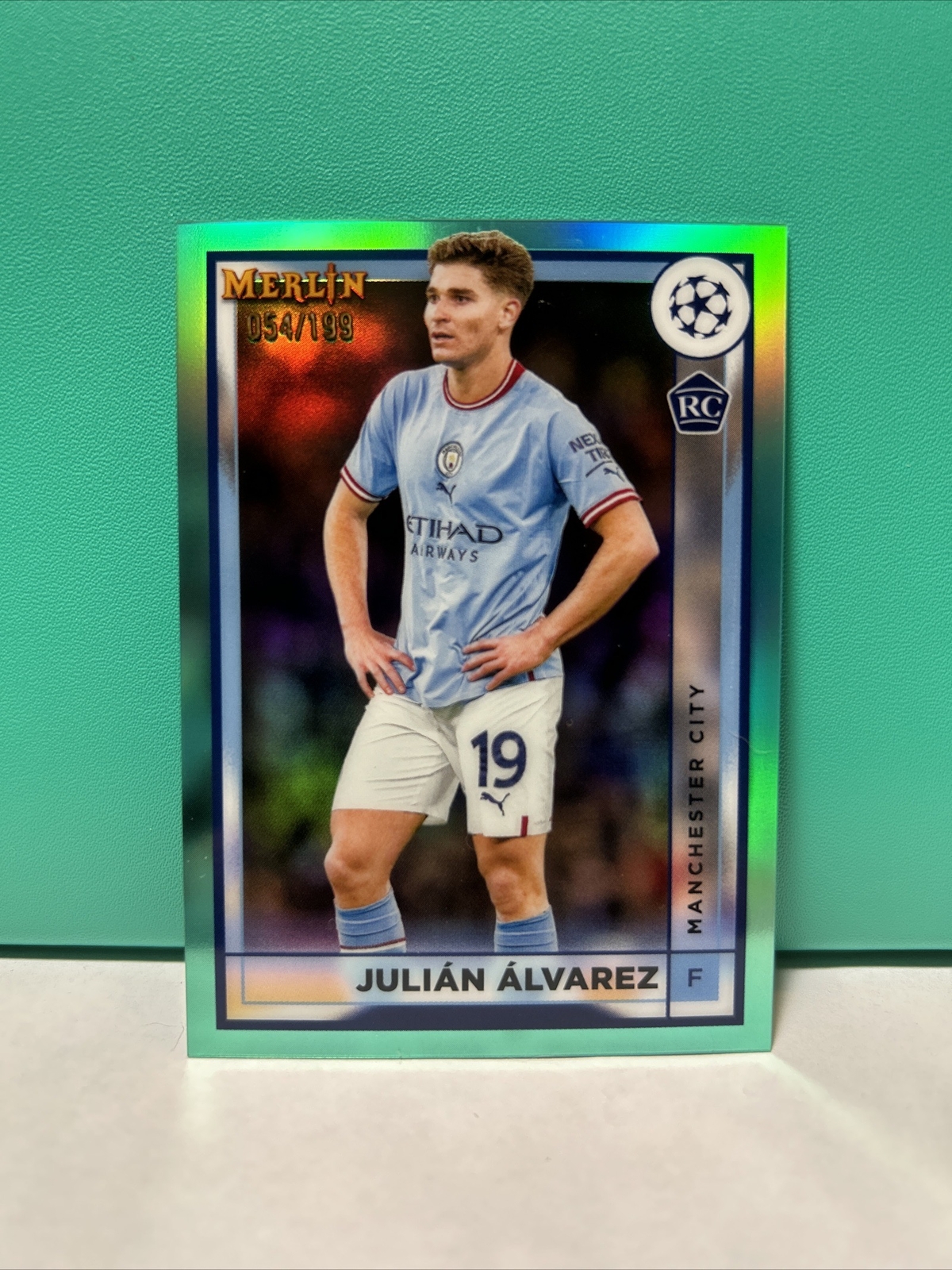 2022-23 Topps Chrome Merlin Julian Alvarez #’d /199 Aqua Refractor Rookie RC