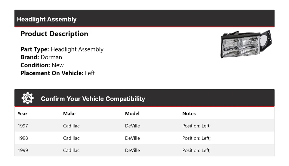 Conjunto de farol esquerdo 1998-1999 Cadillac DeVille Dorman 1997-1999 - Imagem 2 de 4