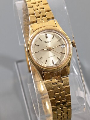 #ad Pulsar Womens Date Indicator Vintage Gold Tone watch Panther Link Working $10.00
