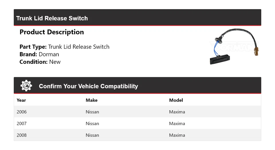 Interruptor de liberación de tapa de maletero para Nissan Máxima Dorman 2006-2008 2007 Foto 2 de 4