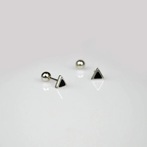 Men's Special Black Enamel Tiny Triangle Shape Stud Earrings In Pure 935 Silver - Picture 4 of 8