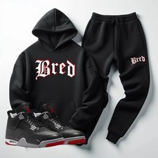 Black Hoodie Joggers Set To Match Air Jordan 4 Bred Men's Sweat Suit XL XXL 3XL