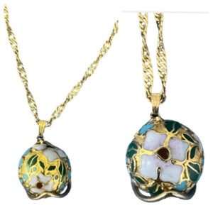 Authentic Vintage Cloisonne Gold Plated Caged Floral Design Necklace