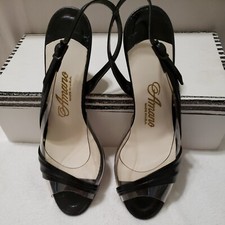 Amano Clear  Leather Black Peeptoe Womens Slingback 6M 2.5" heel. Made in USA