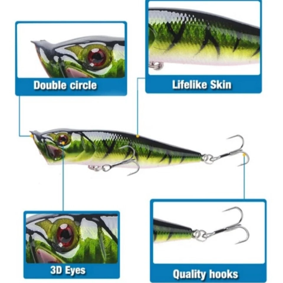 NUEVO 3 1/2 pulgadas Topwater Popper señuelos de pesca con salpicaduras altas para cabeza de serpiente de lubina EE. UU. Foto 4 de 4