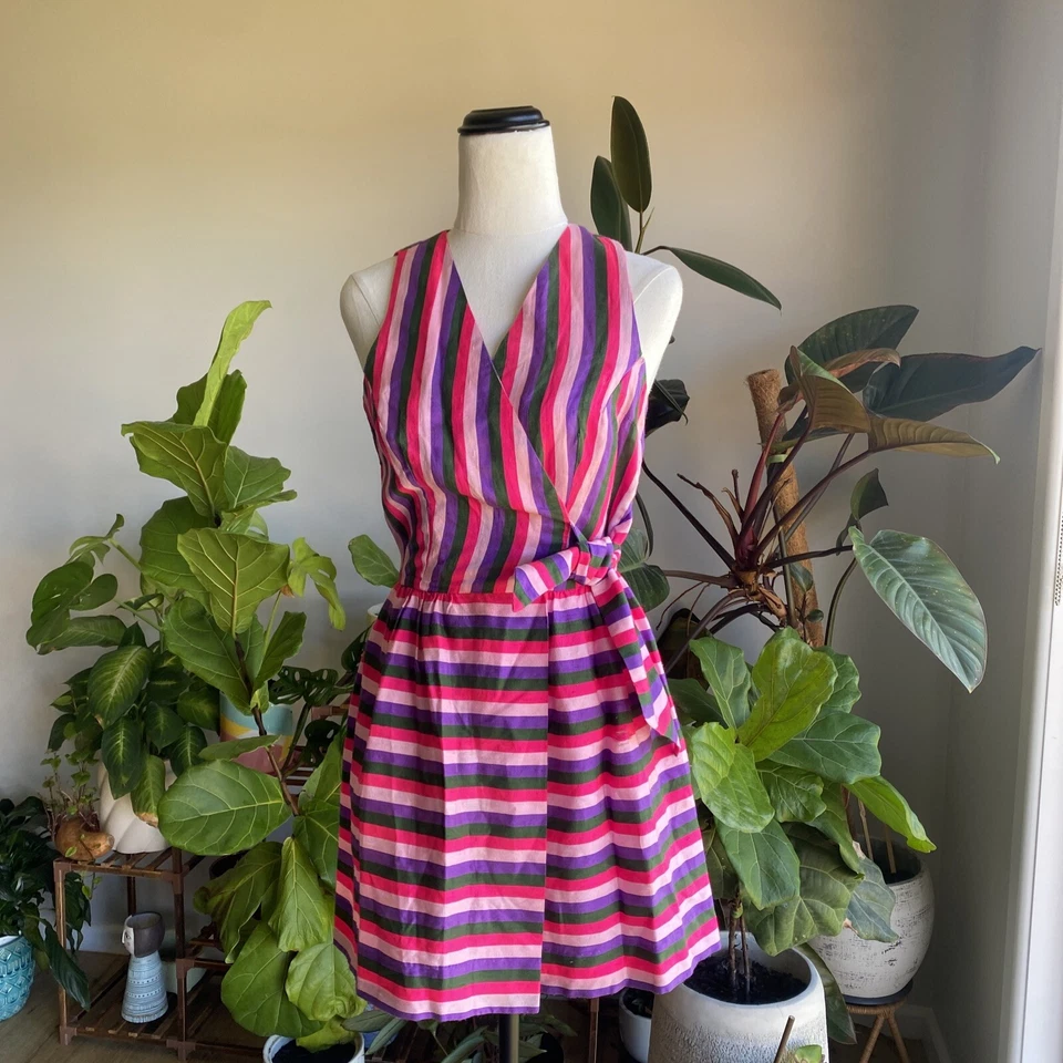 Vestido Vintage Prue Acton Se Ajusta a Au 8 XS/S Multicolor Rayas Seda Envolvente Mini Vestido Foto 2 de 4