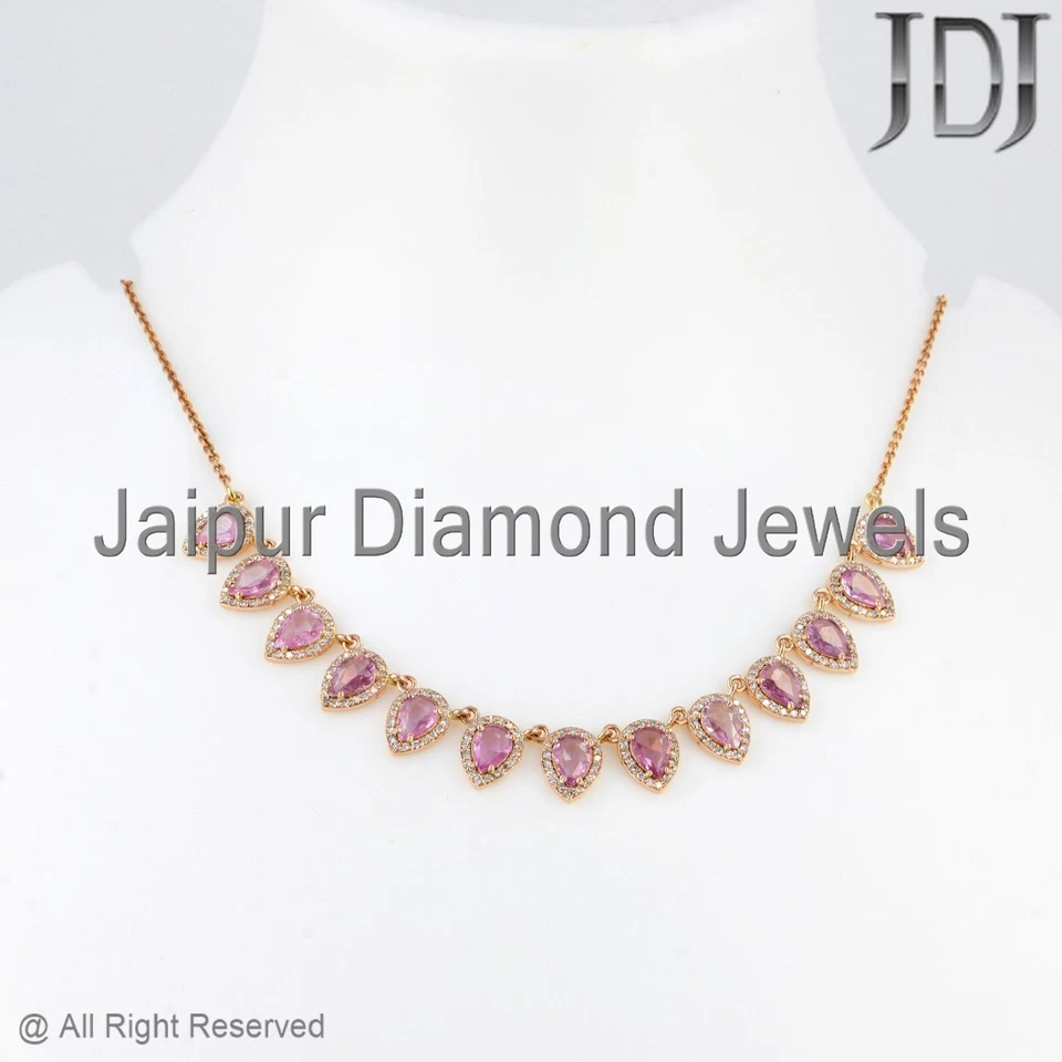 Collar de piedras preciosas de zafiro rosa diamante genuino sólido de 14k Foto 2 de 4