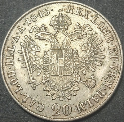 #ad AUSTRIA ÖSTEREICH 20 KREUZERS 1843 M KM#2208 VF Ferdinand I 1835 1848 6.68g $49.99