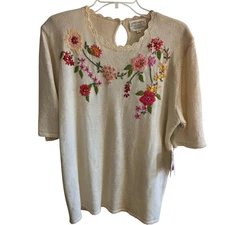 Susan Bristol 1991 Large Knit Top Hand Embroider Floral Keyhole Beige Deadstock