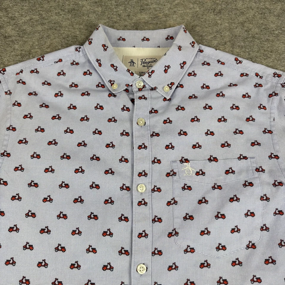 Camisa con botones Penguin manga larga scooter estampado azul para hombre pequeña S Foto 3 de 4