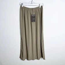 Space Style Concept Skirt Women Medium Satin Midi Tan Brown Side Slits B3