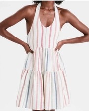 American Eagle Linen Blend Tiered Women’s Halter Dress Striped Pockets Size Lg