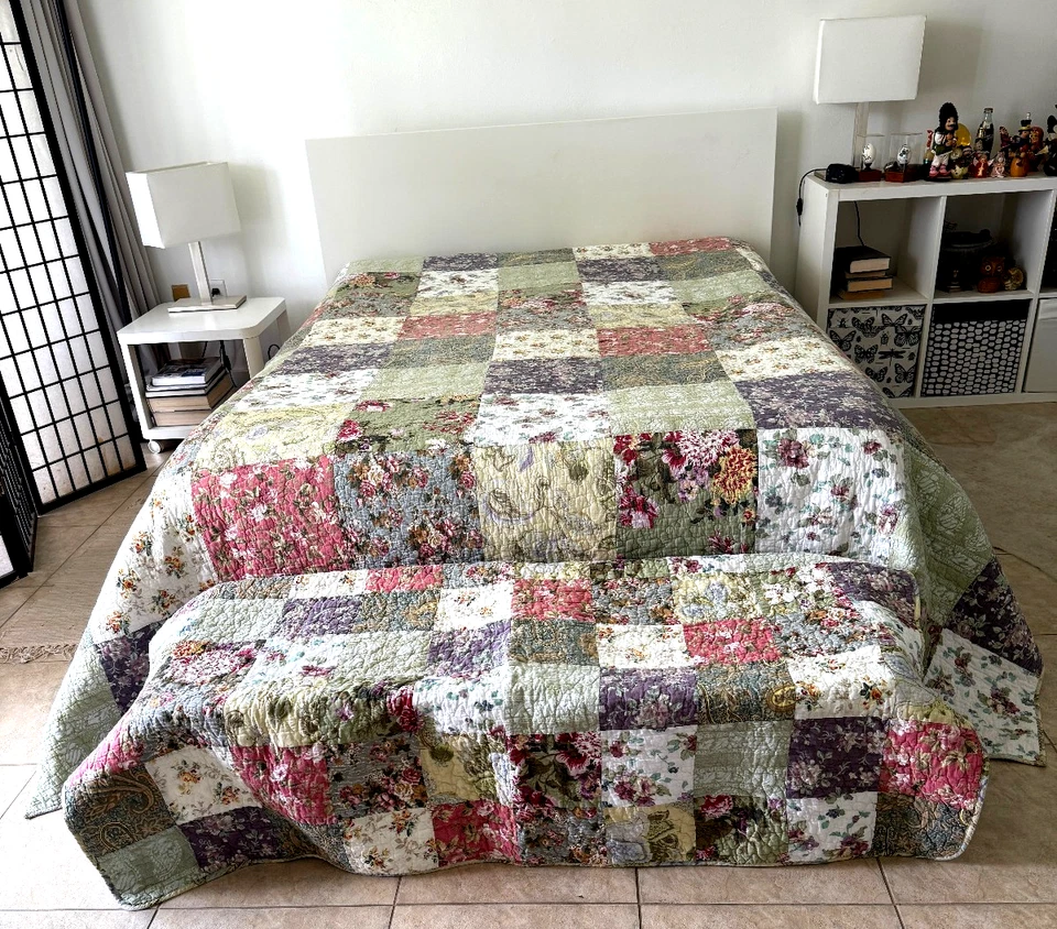 Лоскутное одеяло королевского размера с цветочным рисунком и подходящим чехлом для скамьи 100% хлопок винтаж - Изображение 2 из 4
