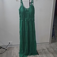 IGEE Women's Maxi Dress S Green Crochet V-Neck Smocked Strappy Sleeveless