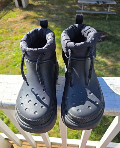 Crocs STOMP Black Ankle Rain Boots Faux Fur Lined Drawstring Rubber US 8 M