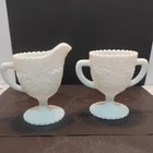 Vintage Imperial Glass White Milk Glass Grape Pedestal Sugar Bowl and Creamer