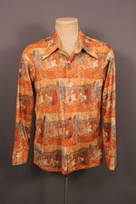 Men's VTG 70s Orange Pointillist Boat Print Shirt Sz M/L 1970s Disco Polyester