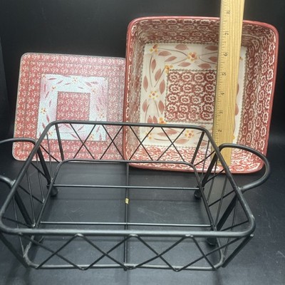 3pc TEMP-TATIONS Old World Cranberry 7 ''  Baking Dish Trivet Wire Rack Holder