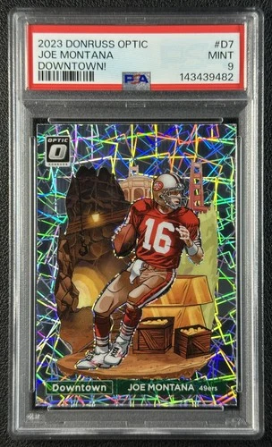 JOE MONTANA PSA 9 2023 PANINI DONRUSS OPTIC #D-7 DOWNTOWN! PRIZM SSP 49ERS 9482