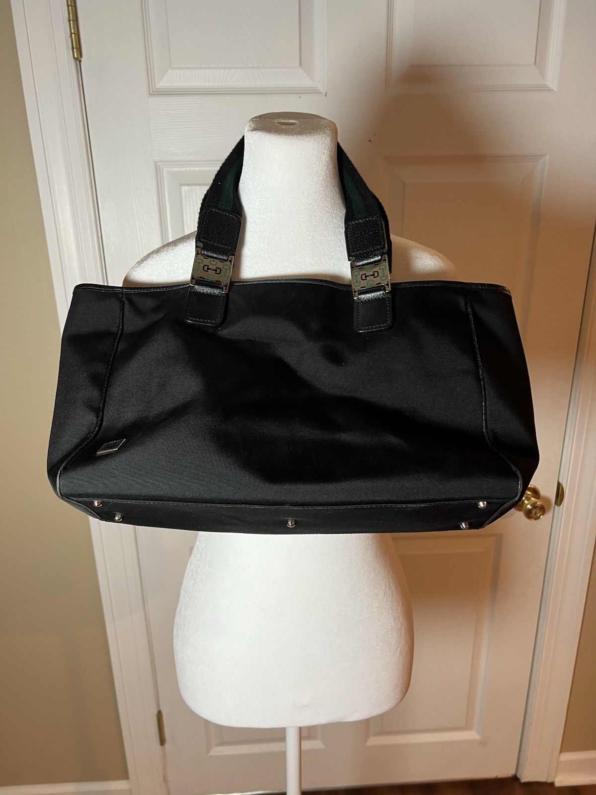 GUCCI Sherry Nylon Leather Tote Bag Hand Bag Black 145758 Classic VGT