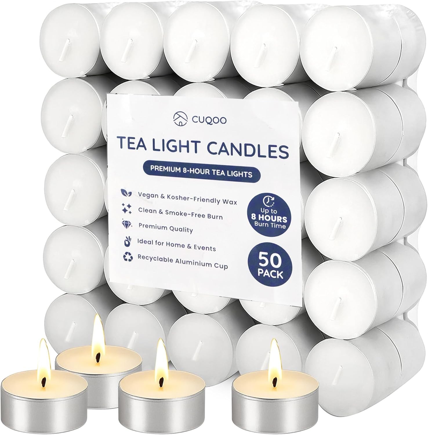 CUQOO Tea Lights 8 Hour Burn 50-Pack Unscented Tealight Candles – 8hr Long Bu