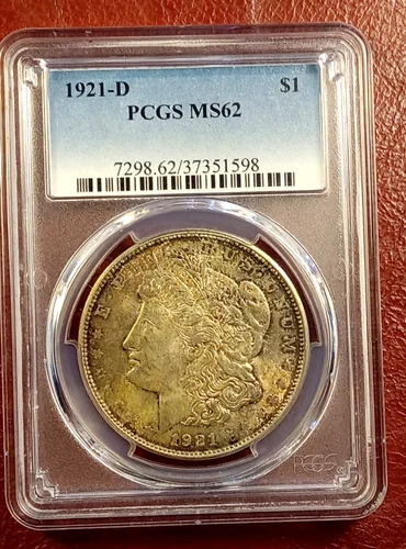 1921 D MORGAN DOLLAR PCGS MS62 ** TONED RARE ONLY "D" LAST YEAR -WITH DIE CRACK