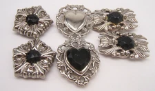 6 VTG BUTTON COVERS SILVER TONE METAL WITH BLACK JEWELS AND FANCY DESIGN WORK
