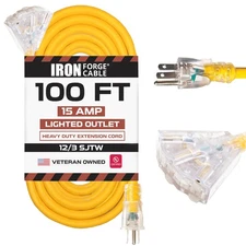 100ft Outdoor Extension Cord, Lighted with 3 Electrical Power Outlets - Yellow