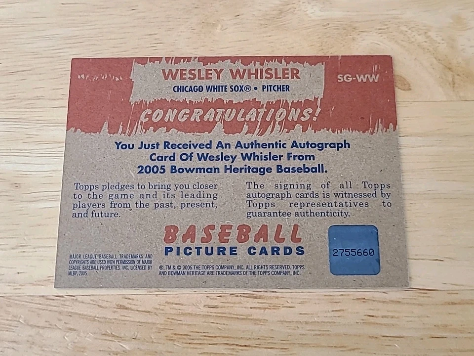 2005 Bowman Heritage Signs of Greatness Wes Wesley Whisler #SG-WW Auto $$$ - Image 2 of 2