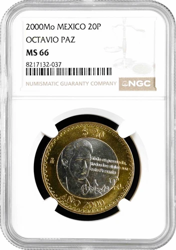 Mexico 20 pesos 2000 Mo, NGC MS66, "Millennium - Octavio Paz"